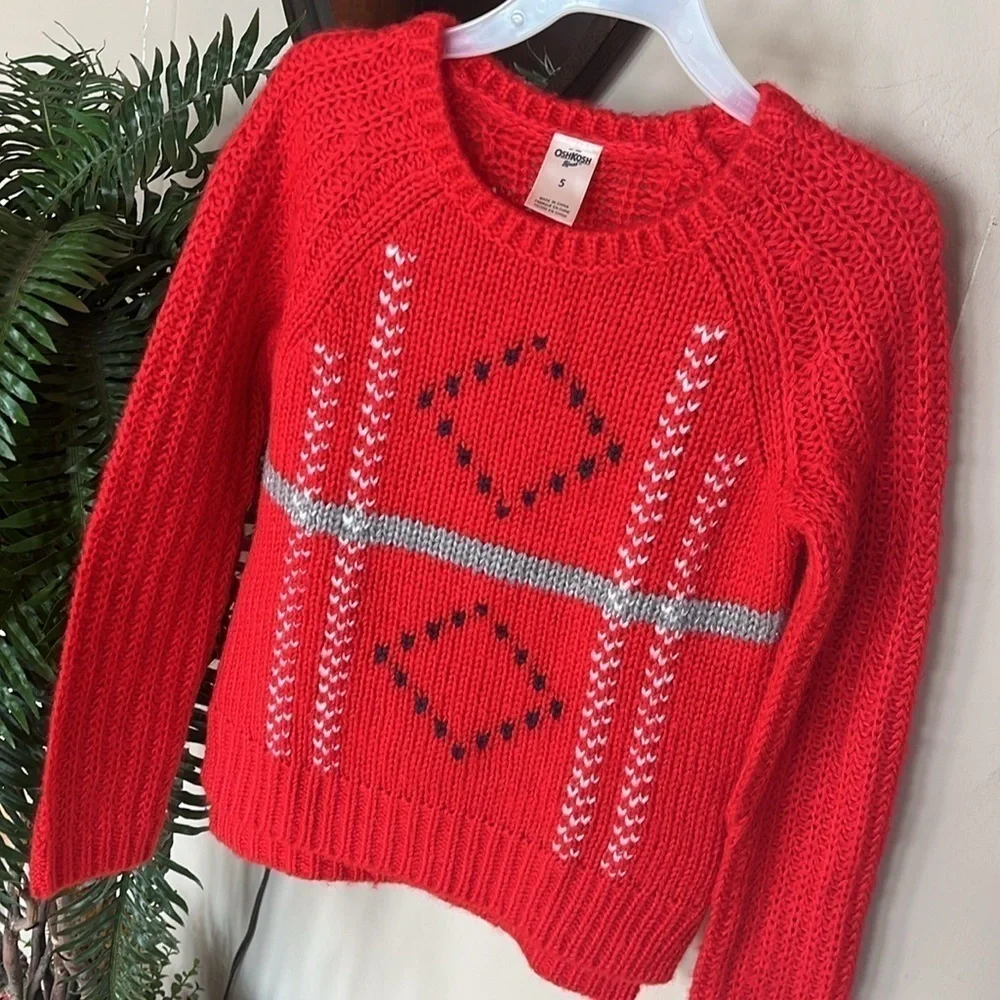 Brand New OshKosh B'Gosh Red Knit Sweater Crew Neck Diamond Design Christmas
